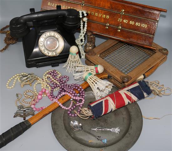 Badges, Bakerlite telephone, pewter plate etc